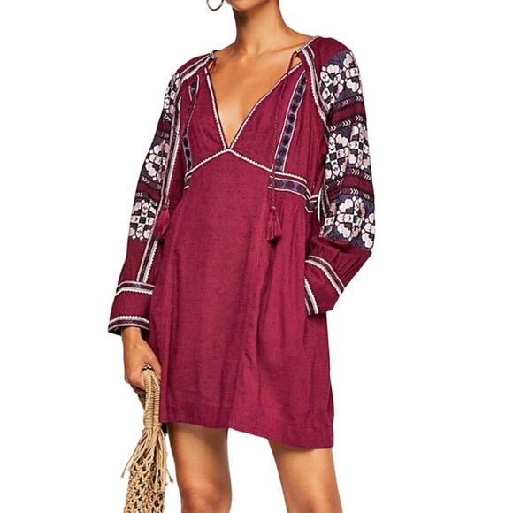 Free People All My Life Wine Embroidered Smocked Mini Dress Women’s XS Boho Chic - Picture 1 of 13